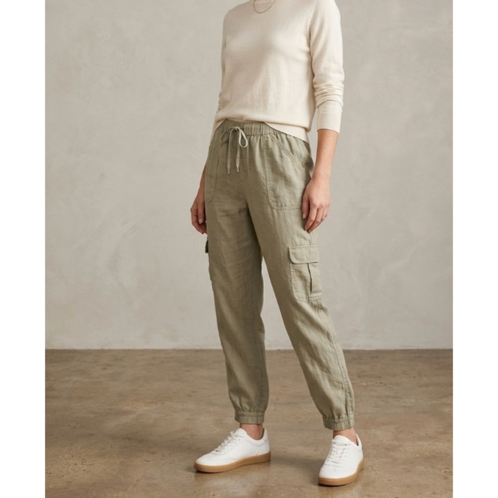 Nicole Miller New York 100% Linen Cargo Jogger Pants Sage Green XL Womens